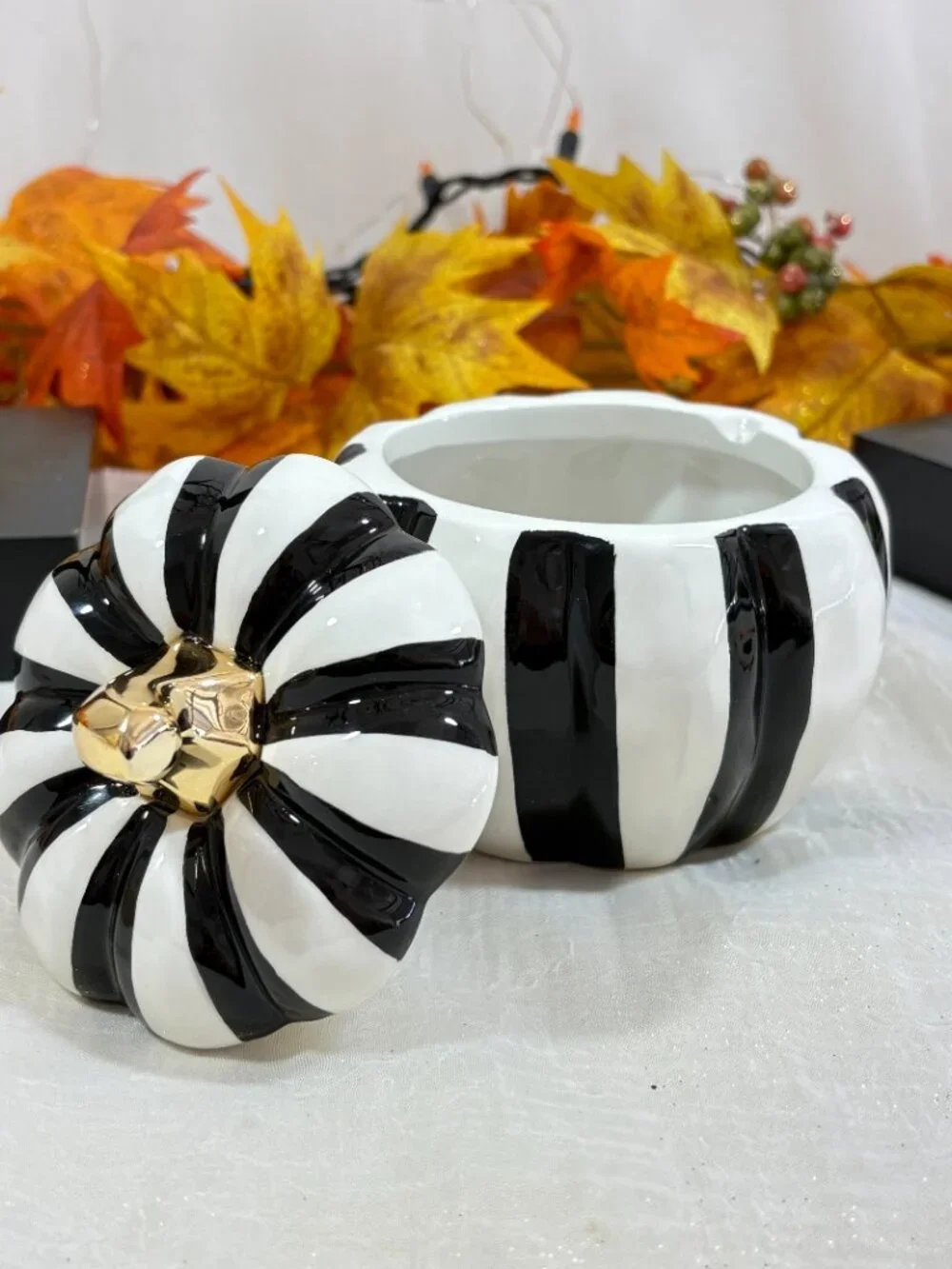 Black & White Ceramic Pumpkin Gold Stem  Mackenzie-Style Covered Sugar Bowl Jar